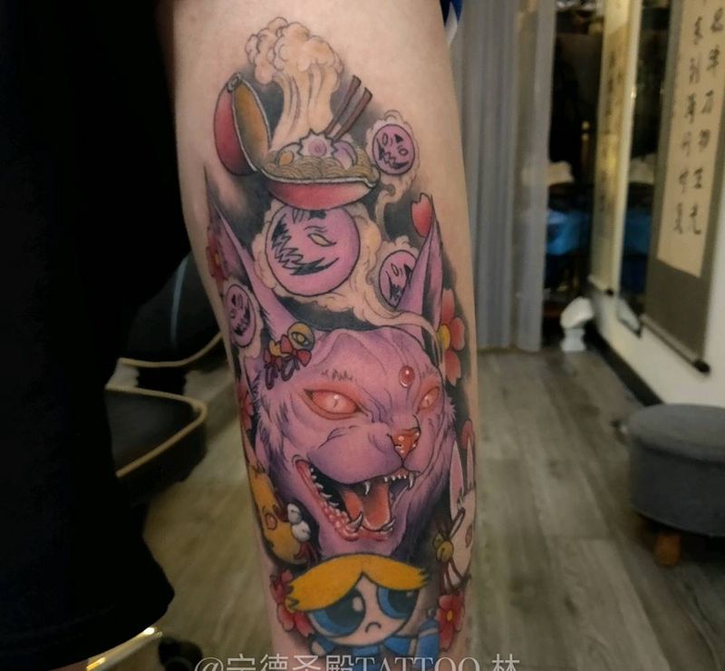 猫纹身图片_腿部纹身图案