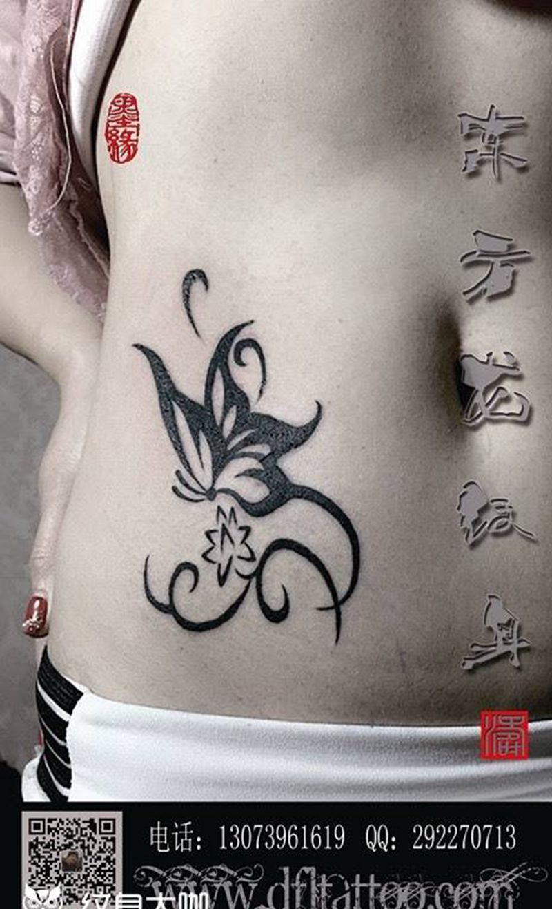 蝴蝶纹身纹身图片_成品腹部腰部清新动物东方龙纹身图案