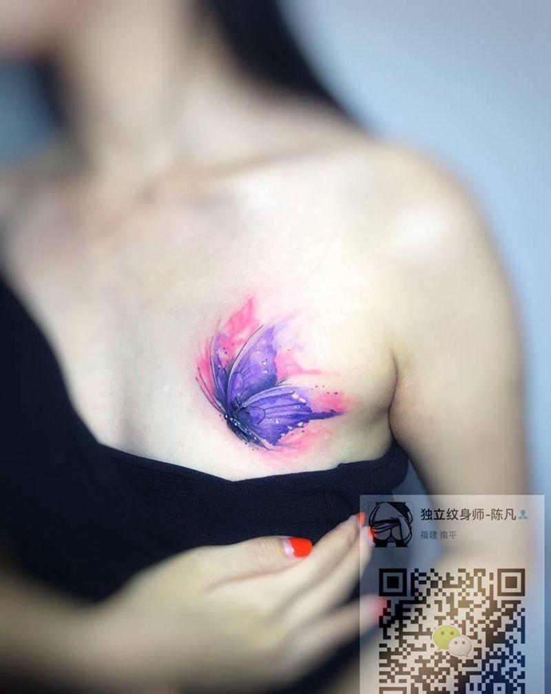 疤痕遮盖水彩晕染蝴蝶纹身图片_成品胸部清新动物原创静物贴纸欧美纹身图案