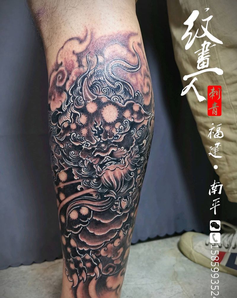 唐狮子纹身图片_腿部新传统纹身图案