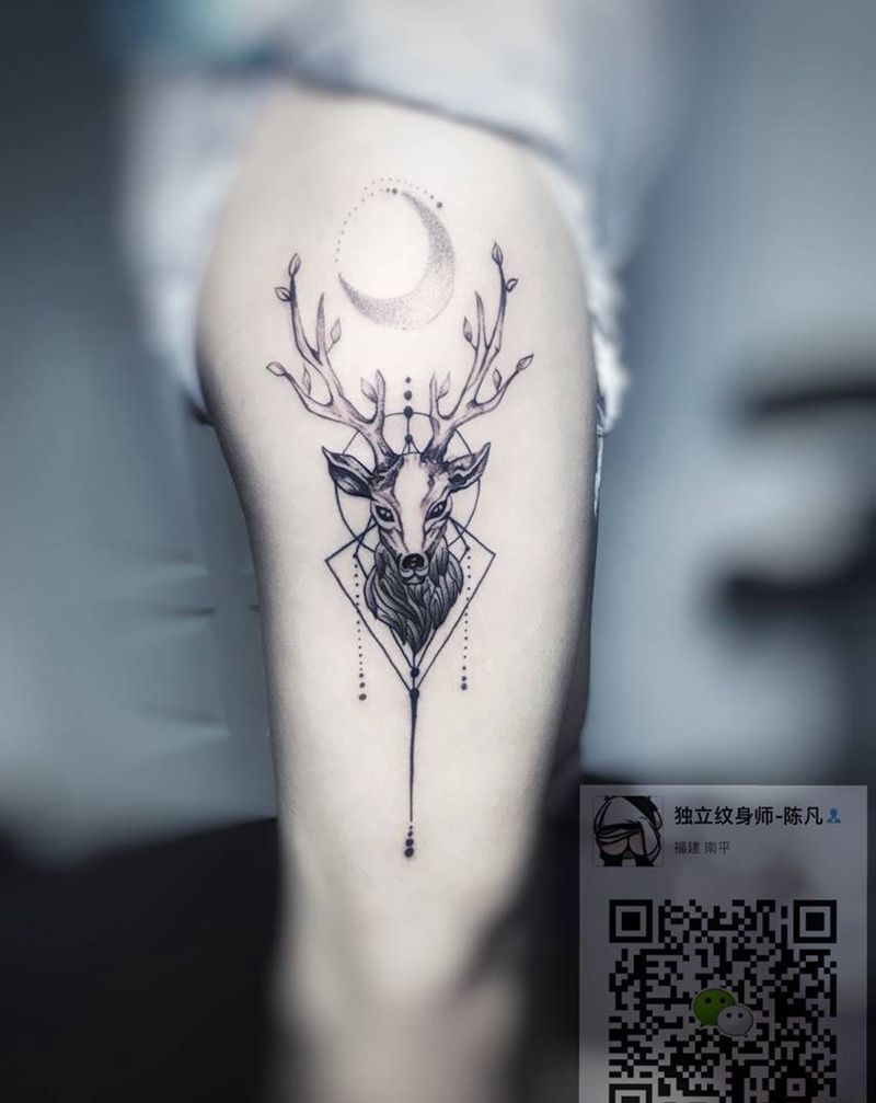 《鹿》纹身图片_成品腿部清新欧美几何动物原创静物贴纸纹身图案