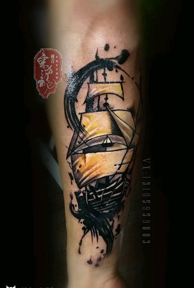 手臂帆船纹身纹身图片_手臂欧美宁德福建东方龙纹成品纹身图案