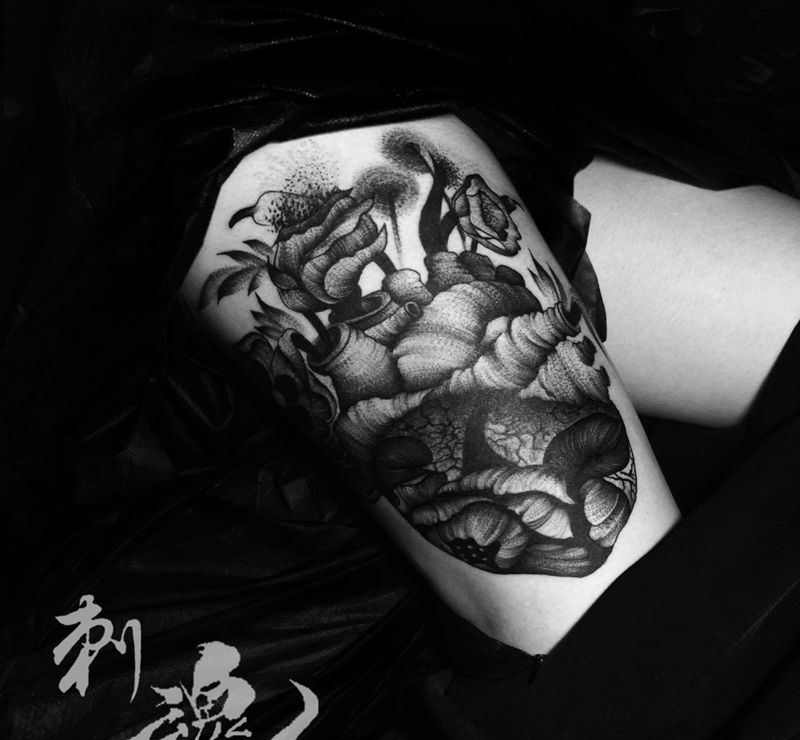 点刺，拉刺纹身图片_成品欧美腿部几何静物纹身图案