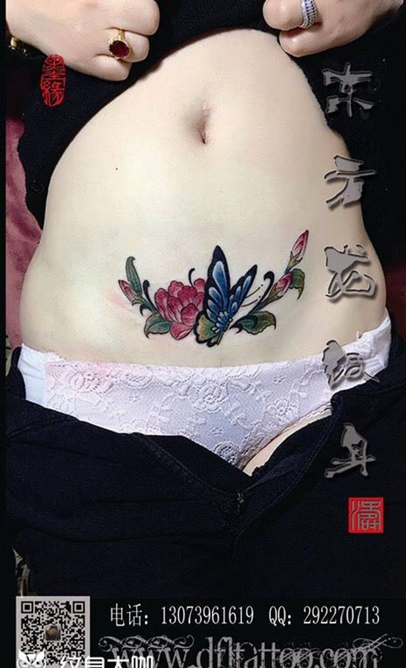 蝴蝶纹身，花纹身纹身图片_成品腹部清新传统植物动物东方龙纹身图案