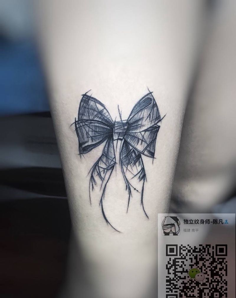 暗黑速写蝴蝶结纹身图片_成品腿部清新欧美贴纸几何原创静物图腾纹身图案