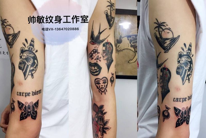 凑花臂纹身图片_帅敏TATTOO纹身图案