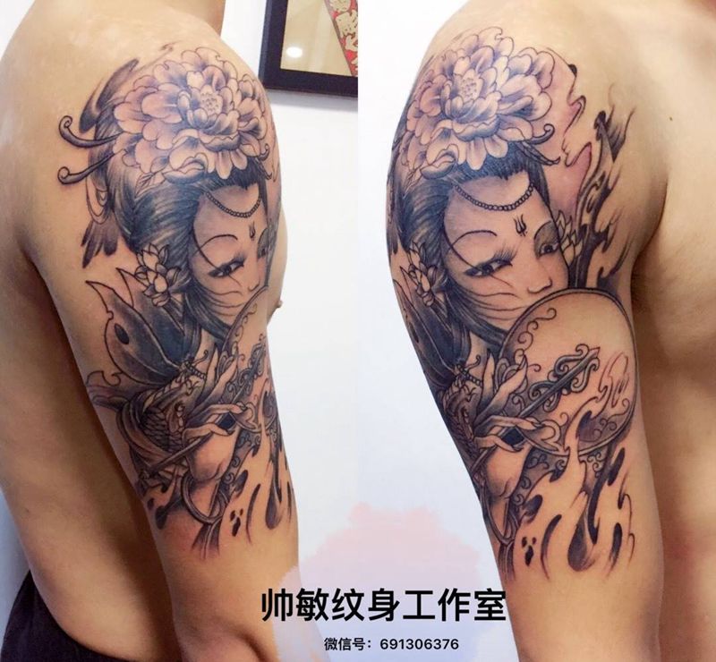 艺妓卍纹身图片_帅敏TATTOO人物传统手臂手稿纹身图案
