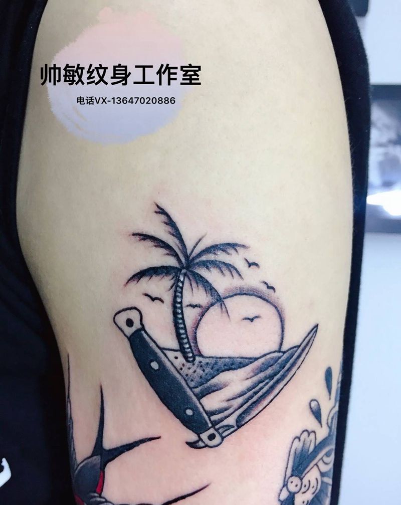 椰树纹身图片_帅敏TATTOO植物欧美手部手稿纹身图案