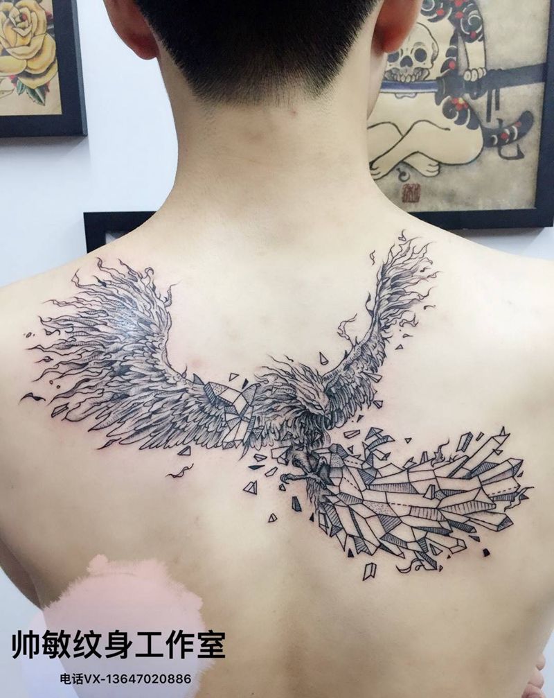 凤凰涅槃纹身图片_帅敏TATTOO动物清新背部手稿纹身图案