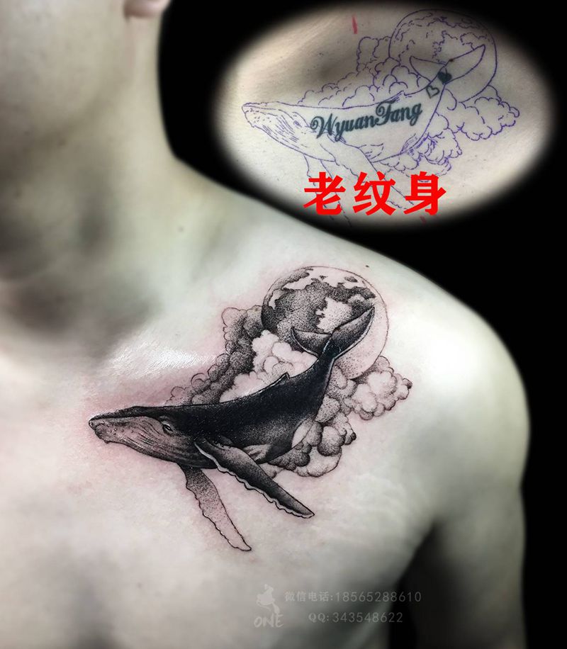 鲸鱼点刺纹身图片_胸部点刺New School鲸鱼点刺遮盖纹身图案