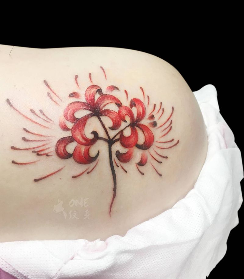 彼岸花纹身图片_背部水彩New School姐妹花纹身图案