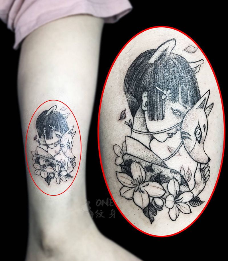精致艺妓纹身图片_腿部新传统欧美写实微型艺妓点刺般诺纹身图案