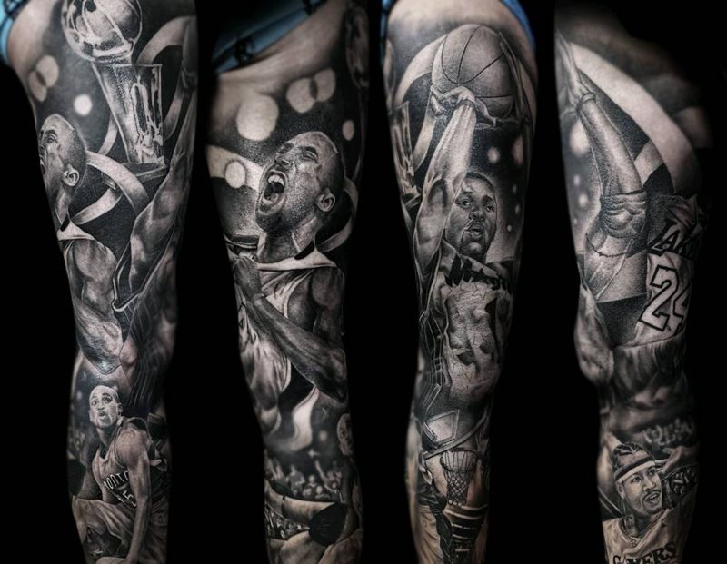 nba球星花腿纹身图片_腿部欧美写实nba球星篮球科比卡特纹身图案