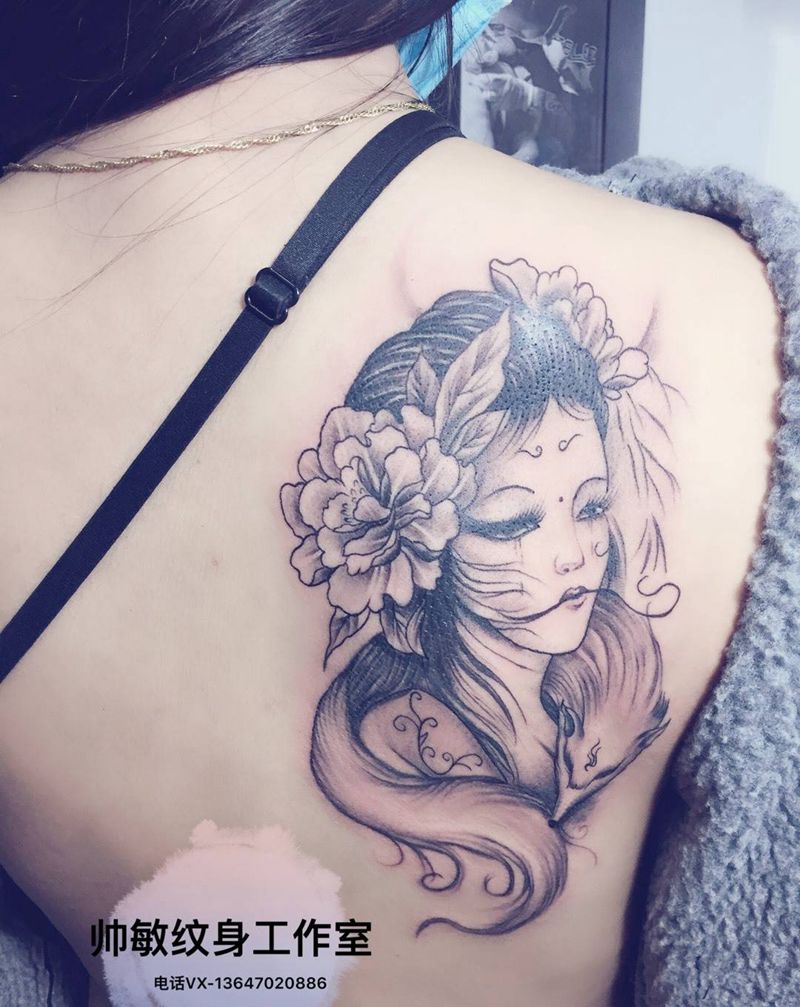 艺妓纹身图片_帅敏TATTOO人物清新背部手稿纹身图案