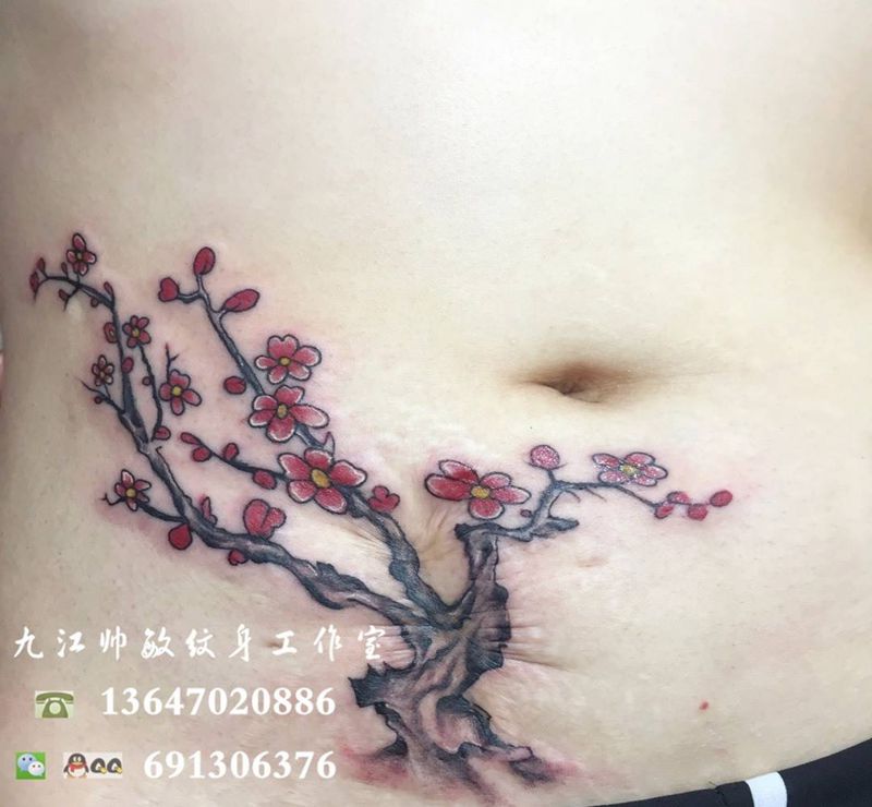 冬梅纹身图片_手稿腹部写实国画植物纹身图案