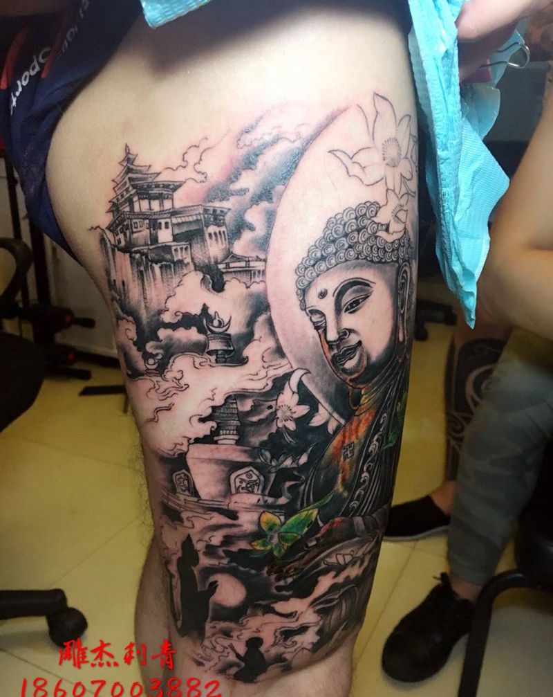 旧纹身遮盖纹身图片_成品腿部传统肖像人物鬼神宗教纹身图案