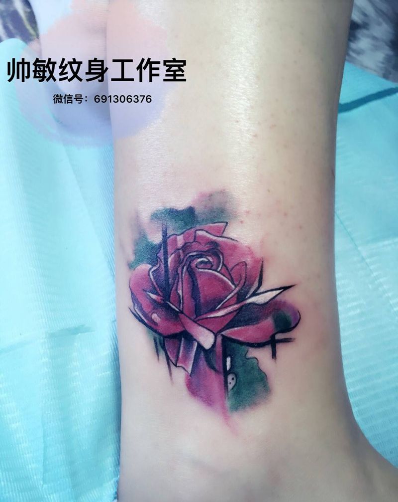 玫瑰纹身图片_帅敏TATO静物脚部插画欧美纹身图案