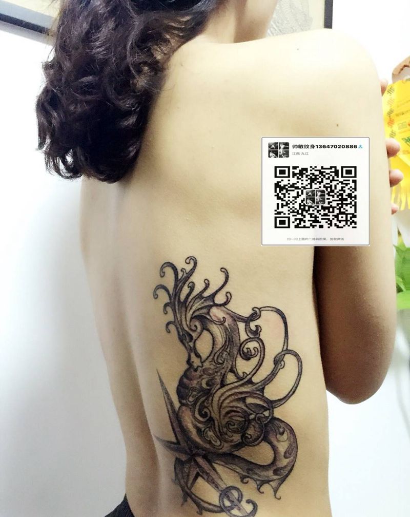 海马纹身图片_手稿背部写实鬼神原创纹身图案