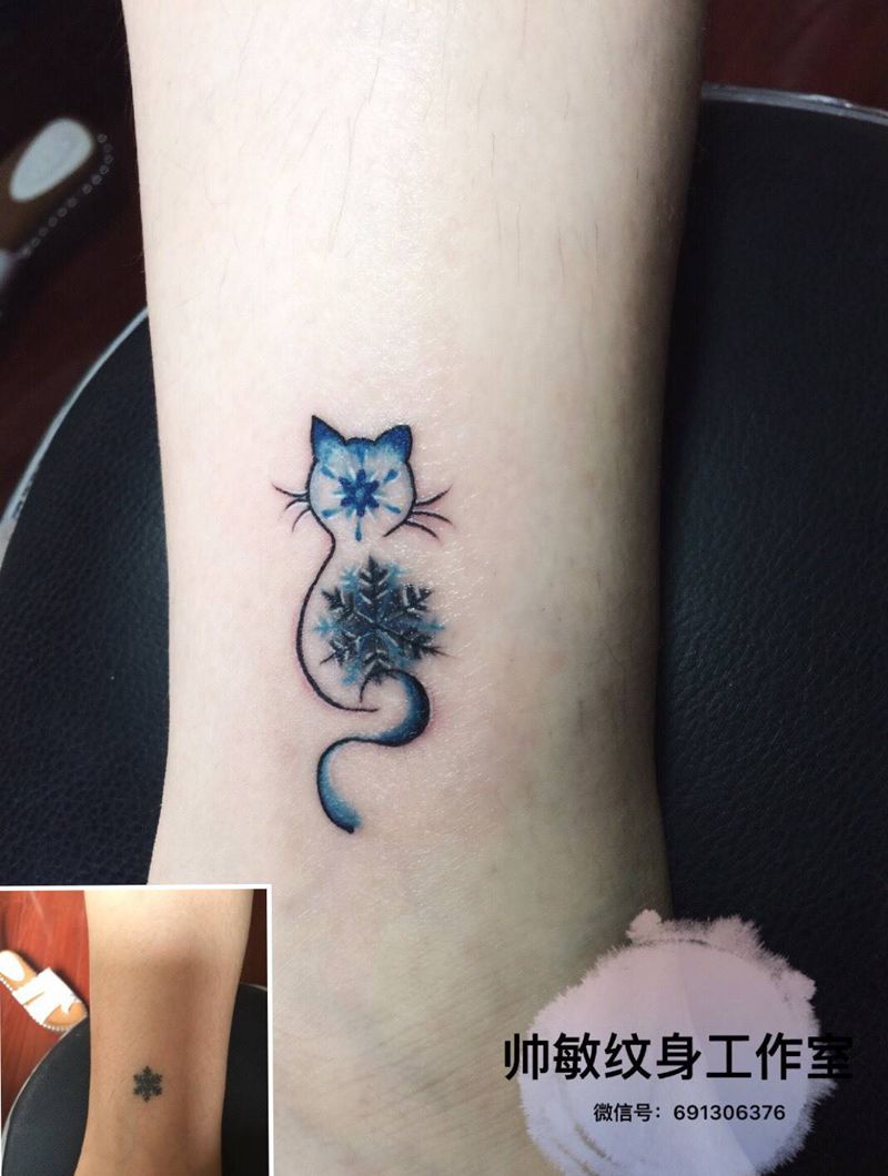遮盖猫纹身图片_帅敏TATTOO动物清新脚部手稿纹身图案