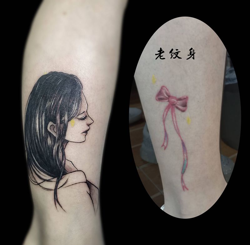 遮盖美女纹身图片_腿部欧美写实水彩艺妓遮盖修改美女纹身图案