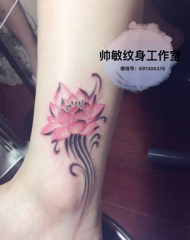 莲卍纹身图片_插画脚部清新植物帅敏TATO写实国画纹身图案