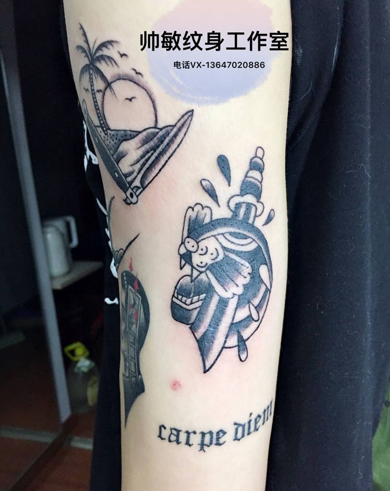 拼小臂纹身图片_帅敏TATTOO鬼神欧美手臂手稿纹身图案