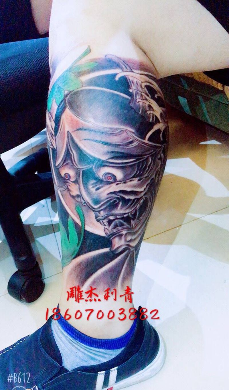 小腿般若纹身图片_成品腿部传统静物鬼神习俗纹身图案