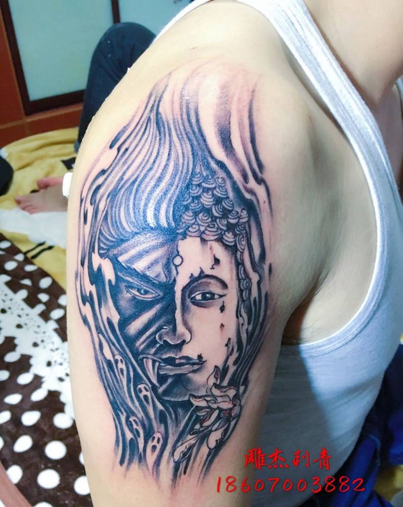 一念之间纹身图片_成品手臂传统肖像人物鬼神宗教纹身图案