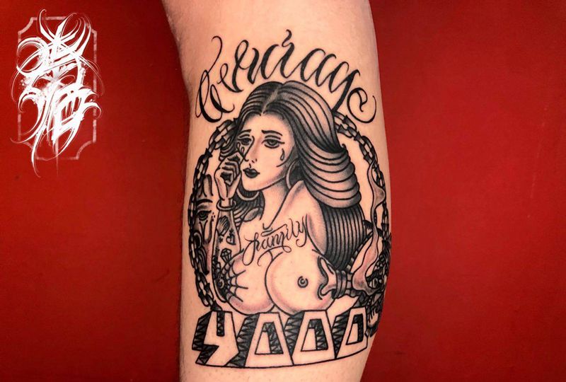 墨西哥女郎纹身图片_腿部花体字Old School墨西哥风纹身图案