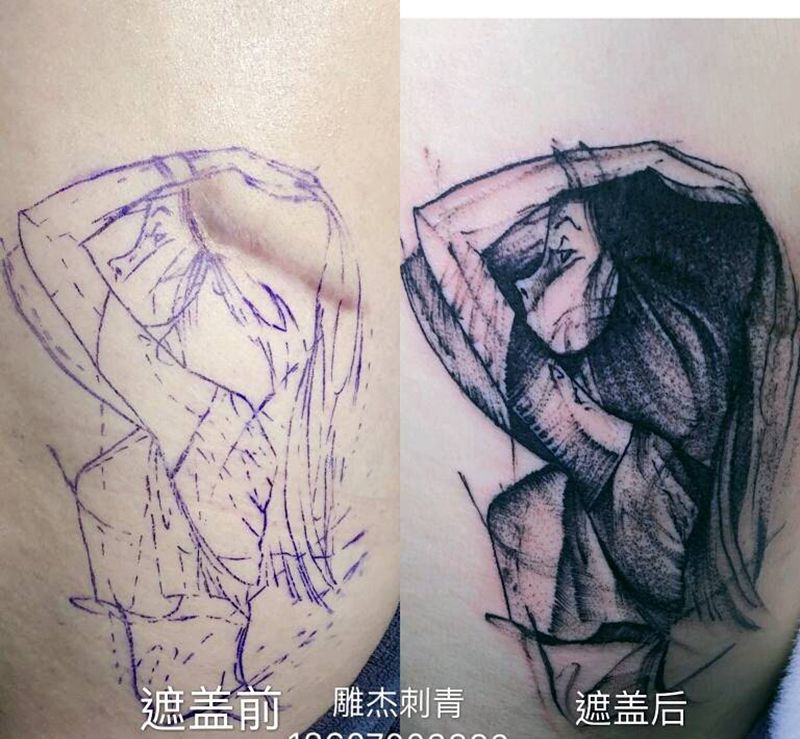 疤痕遮盖纹身图片_腰部点刺水墨纹身图案