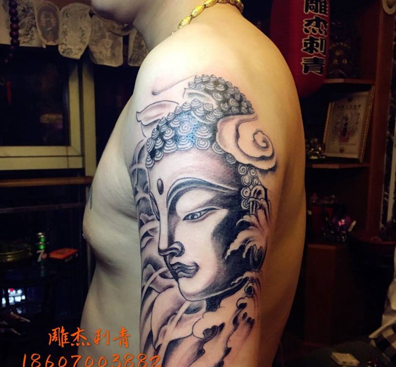 手臂佛头纹身图片_成品手臂传统习俗人物鬼神宗教国画纹身图案