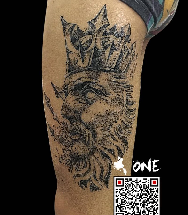 点刺海神纹身图片_成品腿部脚部欧美肖像写实人物宗教纹身图案