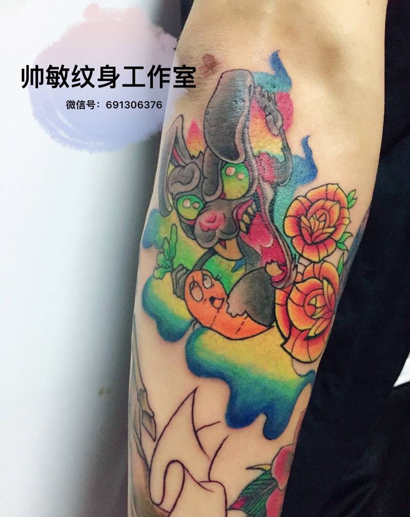 疯狂的兔子卍纹身图片_帅敏TATTOO动物欧美手臂手稿纹身图案