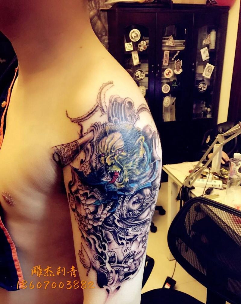 一个小遮盖纹身图片_传统肖像手臂手部肩部成品人物鬼神宗教纹身图案
