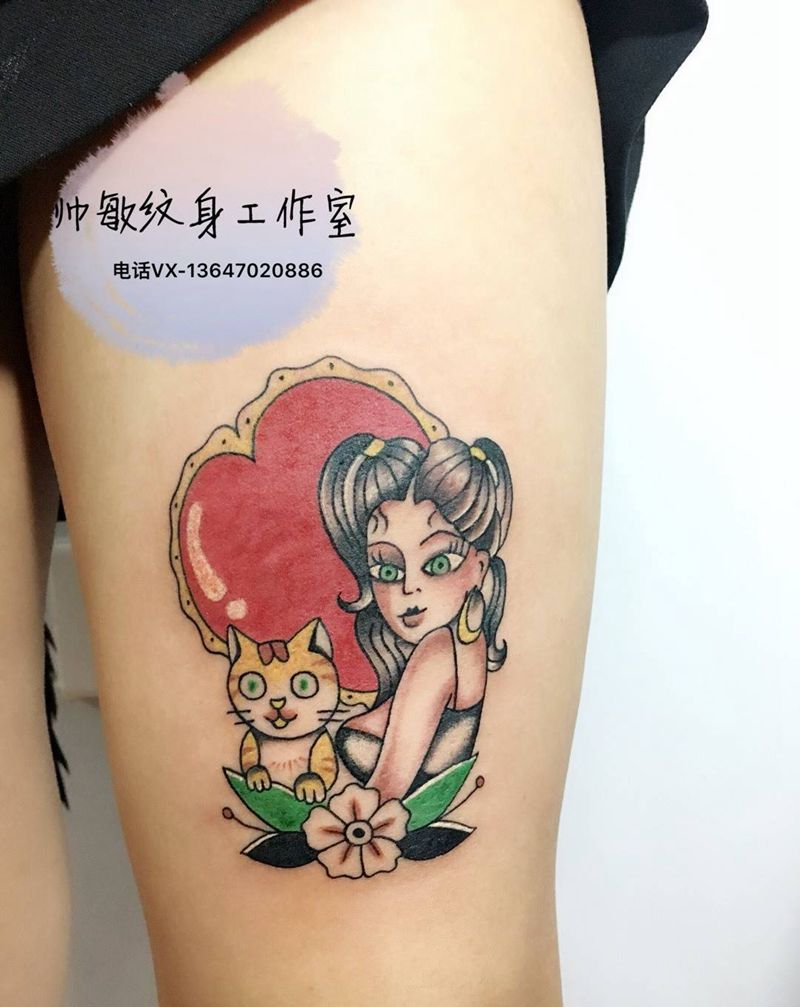 美女与猫纹身图片
