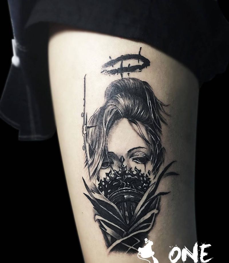 欧美美女纹身图片_成品腿部肖像写实欧美臀部人物宗教纹身图案