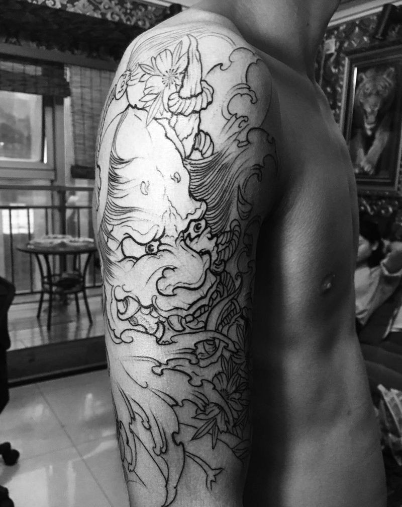 般若线条纹身图片_手臂成品传统人物鬼神宗教纹身图案