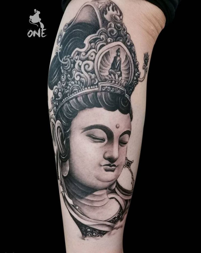 佛头观音纹身图片_腿部新传统欧美写实小腿佛小腿观音写实佛纹身图案