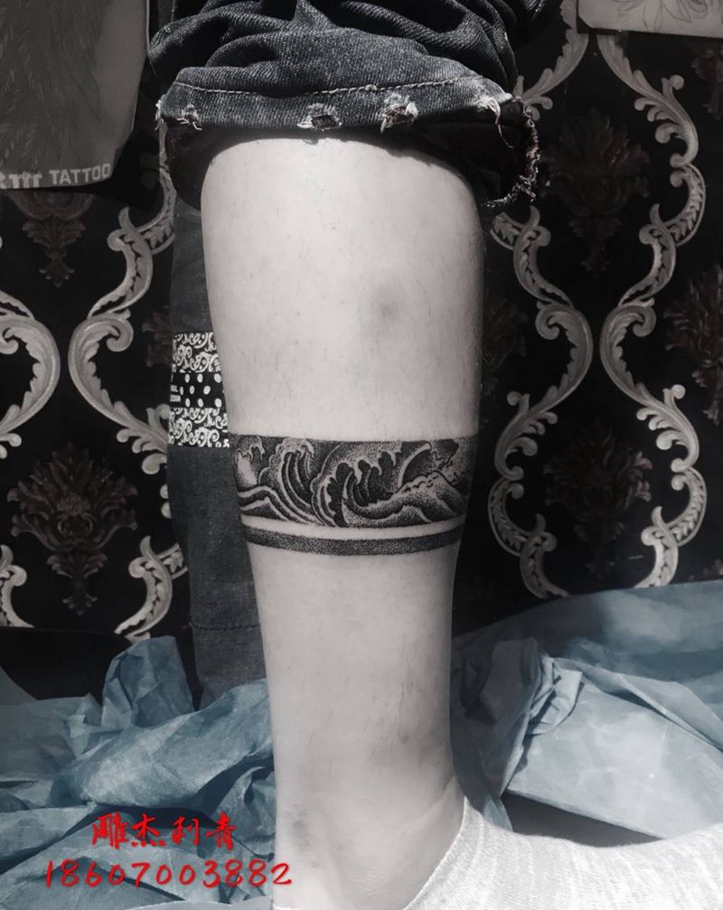 点刺浪花纹身图片_成品腿部脚部清新贴纸字符纹身图案