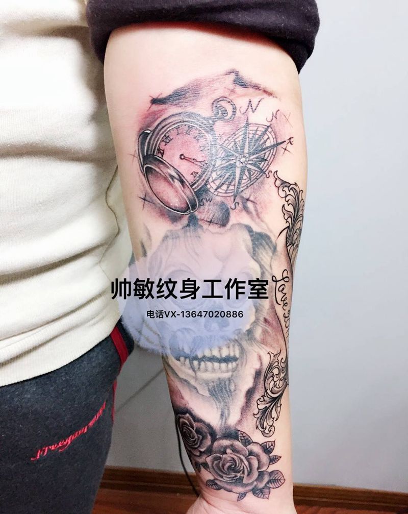 凑花臂纹身图片_帅敏TATTOO原创欧美手臂手稿纹身图案