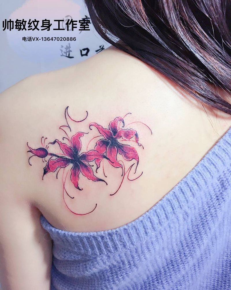 彼岸花纹身图片_帅敏TATTOO植物清新背部手稿纹身图案
