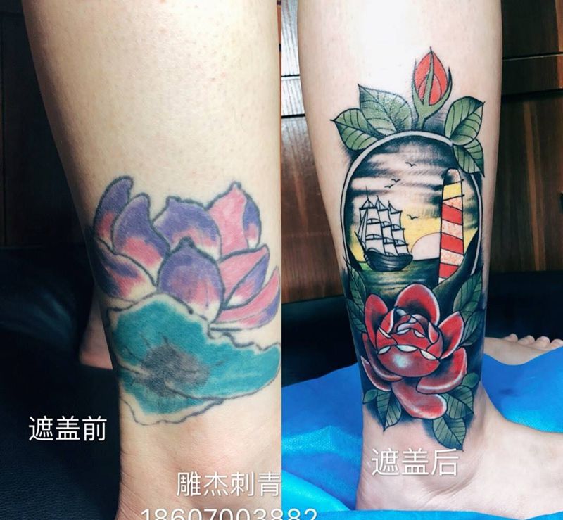 遮盖旧纹身纹身图片_脚部Old School水彩纹身图案