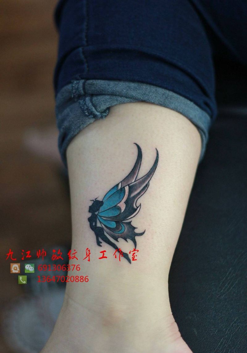 蝴蝶天使纹身图片_腿部肖像清新人物动物纹身图案