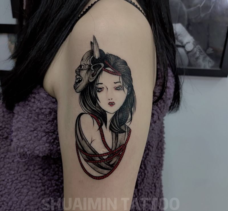 艺伎纹身图片_肩部手臂老传统新传统纹身图案