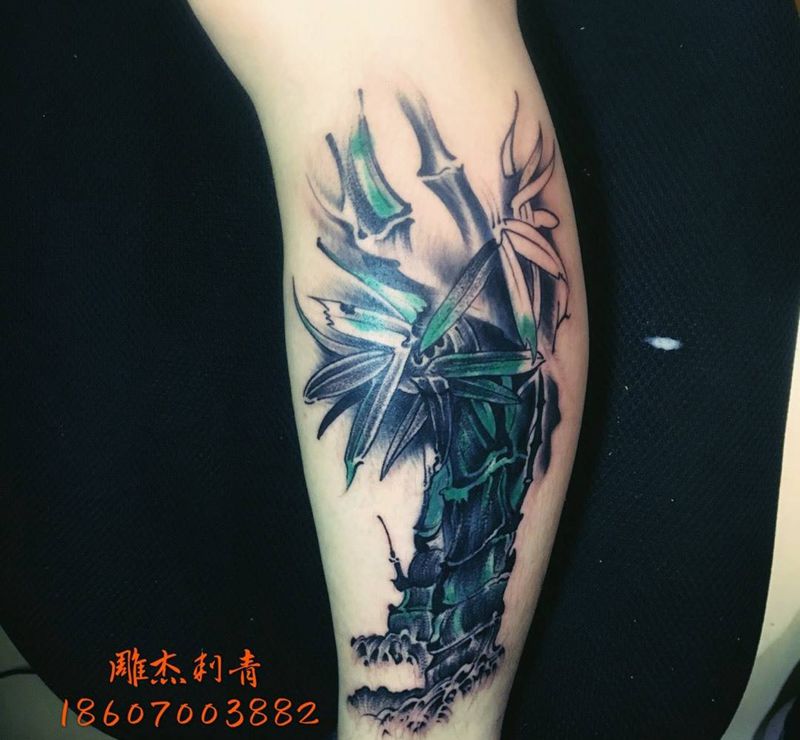 小腿图腾遮盖纹身图片_成品腿部传统国画植物静物纹身图案