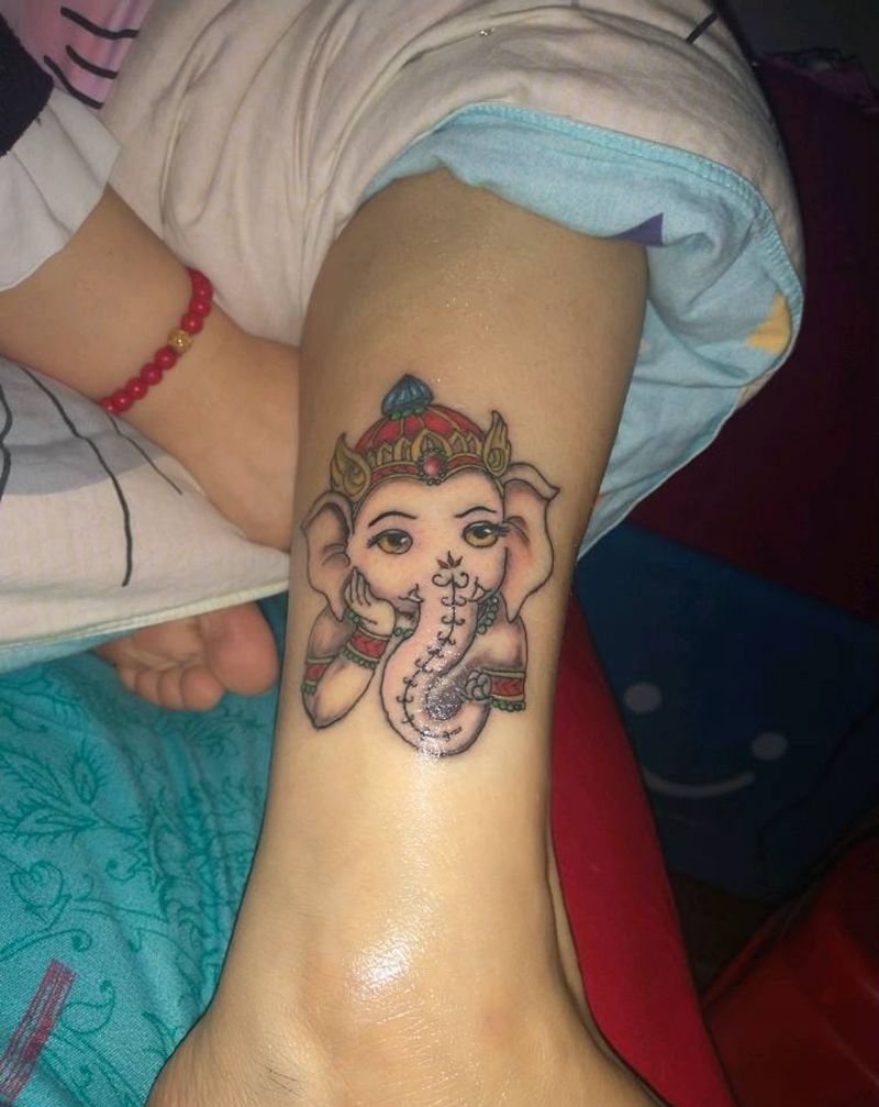 小象神纹身图片_腿部纹身图案