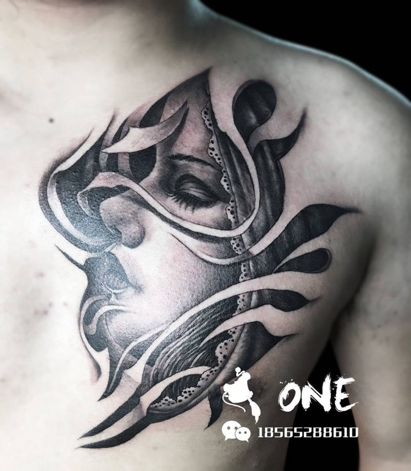 原创美女纹身图片_胸部欧美写实肖像欧美美女纹身图案