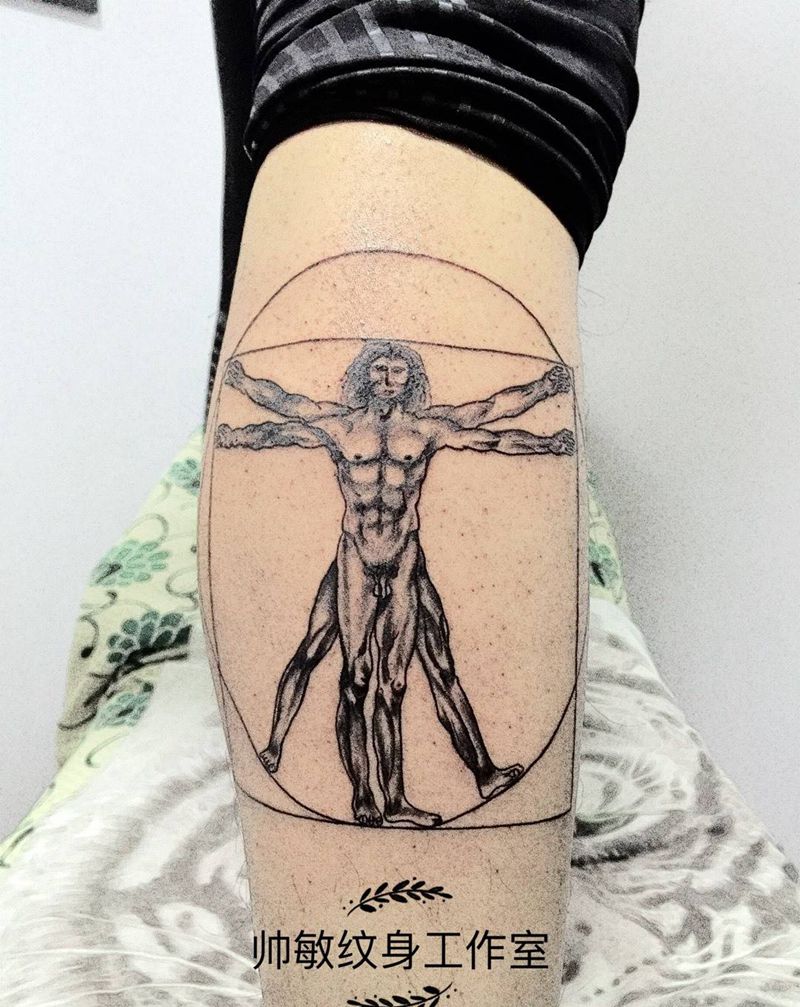 维特鲁威人纹身图片_手稿腿部肖像人物原创纹身图案