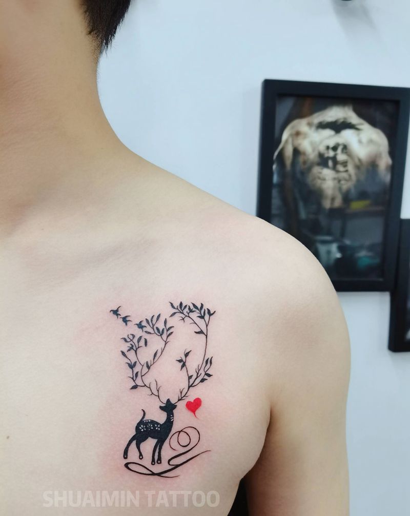 鹿纹身图片_胸部手臂图腾纹身图案