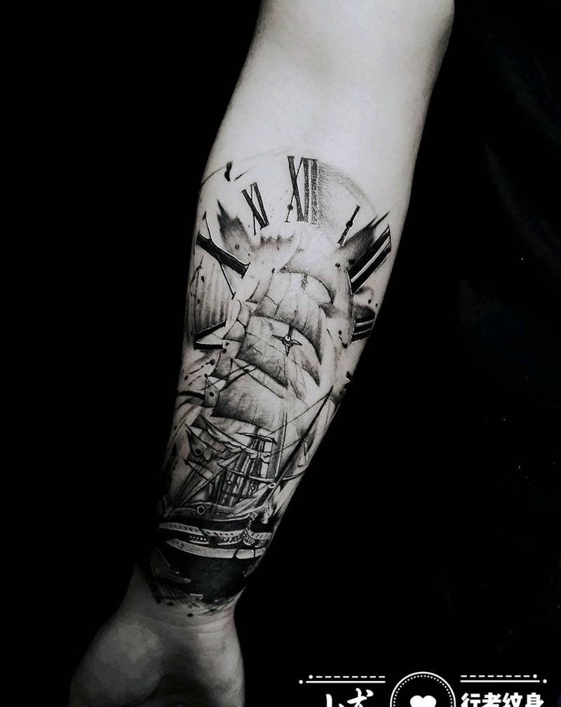 帆船纹身图片_手臂纹身图案